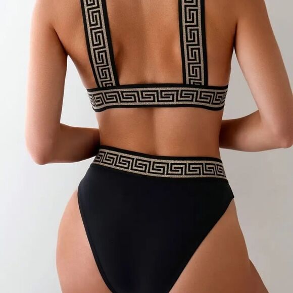 Women's 2 Piece Bathing Suit Geo Print V Neck High Waisted Bikini Sets - Picture 4 of 12